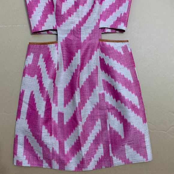 MORGAN CARPER Nomad Pink/Cream Raw Silk Cut Out Dress Lamb Leather Trim - Picture 4 of 16